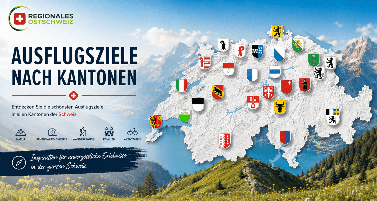 Banner von Regionales Ostschweiz mit Schweizerkarte und den 26 Kantonswappen vor einer alpinen Landschaft. Überschrift: «Ausflugsziele nach Kantonen». Hinweis auf Ausflugsziele in allen Kantonen der Schweiz sowie Kategorien Natur, Sehenswürdigkeiten, Wanderungen, Familien und Aktivitäten.