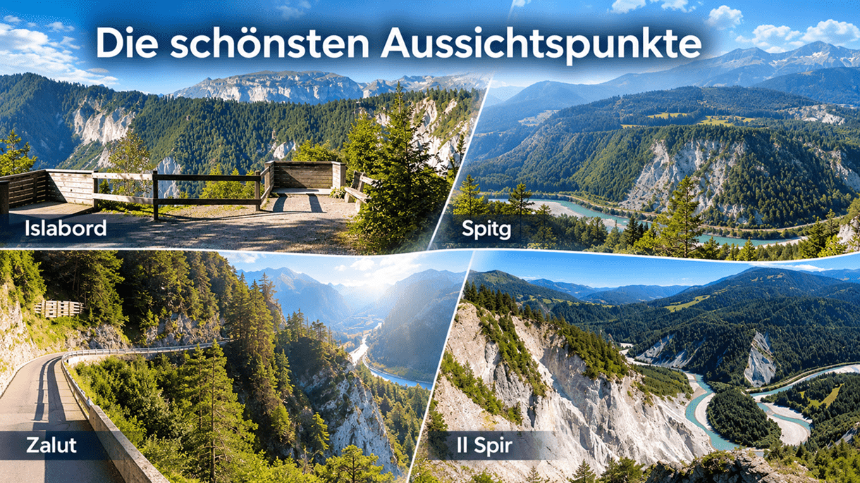 Hero-Banner «Die schönsten Aussichtspunkte» mit den vier Aussichtspunkten Islabord, Spitg, Zalut und Il Spir in der Rheinschlucht Ruinaulta. Panoramablicke auf steile Felswände, bewaldete Berghänge und den türkisfarbenen Rhein in Graubünden.