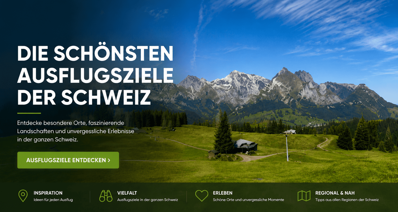 Panorama einer beeindruckenden Schweizer Alpenlandschaft des Alpsteinmassiv mit Säntis mit grünen Wiesen, Wanderwegen, Almhütten und markanten Bergen unter blauem Himmel. Im Vordergrund steht die Botschaft „Die schönsten Ausflugsziele der Schweiz“ mit dem Hinweis auf besondere Orte, faszinierende Landschaften und unvergessliche Erlebnisse in der ganzen Schweiz sowie dem Button „Ausflugsziele entdecken“.