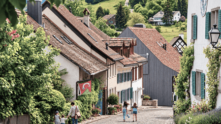 Historische Gasse in Regensberg mit traditionellen Schweizer Häusern, roten Ziegeldächern, grünen Fensterläden und blumengeschmückten Fassaden – ein malerischer Einblick in den mittelalterlichen Dorfkern.