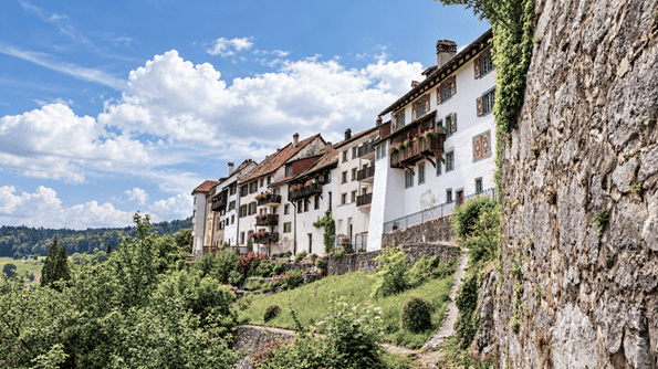 Historische Häuserzeile in Regensberg mit traditionellen Fassaden, Holzbalkonen und roten Ziegeldächern, eingebettet in eine grüne Hanglandschaft mit einer markanten Natursteinmauer.