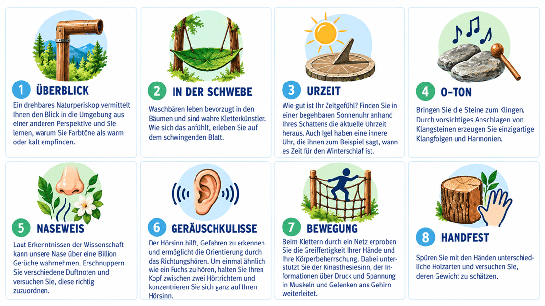 Infografik zum Naturena-Sinnespfad in Kalchrain mit acht Erlebnisstationen: Überblick mit Naturperiskop, In der Schwebe mit schwingendem Blatt, Urzeit mit Sonnenuhr, O-Ton mit Klangsteinen, Naseweis mit Duftproben, Geräuschkulisse zum Hörsinn, Bewegung beim Klettern durch ein Netz und Handfest zum Ertasten verschiedener Holzarten.