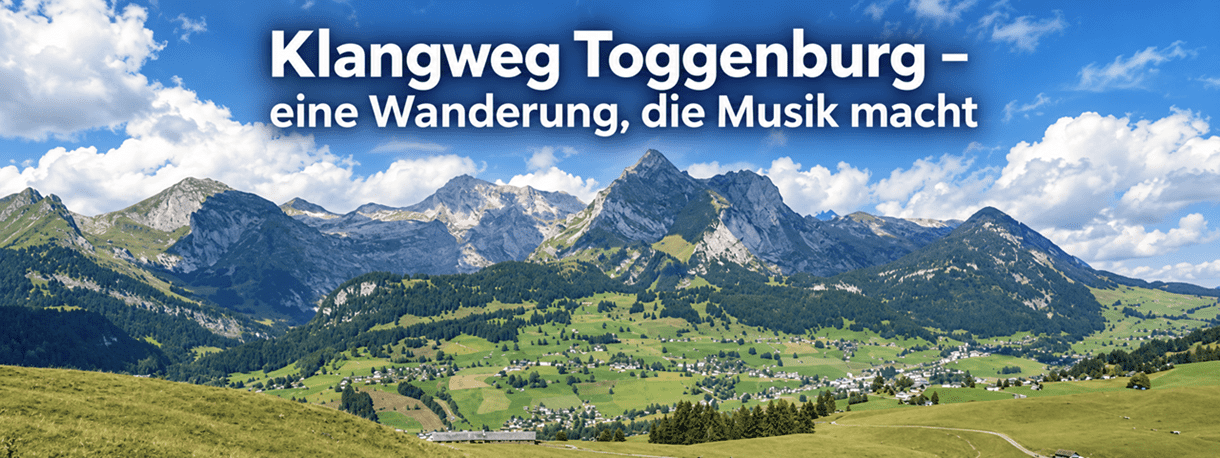 Panoramabild des Toggenburgs mit grünen Alpwiesen, idyllischen Dörfern und imposanten Berggipfeln unter blauem Himmel. Titel: «Klangweg Toggenburg – eine Wanderung, die Musik macht».