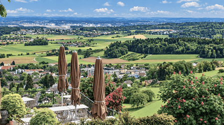 Panoramablick von der Aussichtsterrasse in Regensberg über das grüne Zürcher Unterland mit Dörfern, Wäldern und Feldern, eingerahmt von blühenden Pflanzen und Sonnenschirmen.