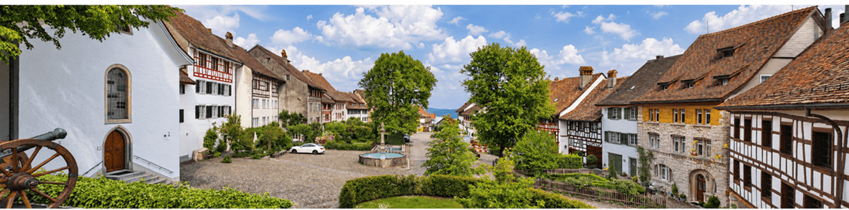 Panoramablick auf den historischen Dorfplatz von Regensberg mit traditionellen Fachwerkhäusern, roten Ziegeldächern, einem zentralen Brunnen und gepflegten Gärten.